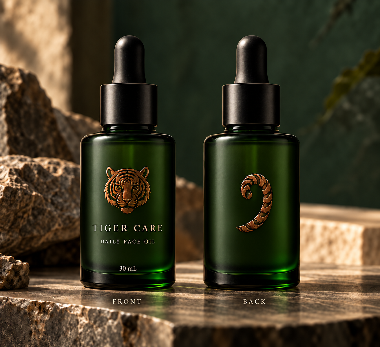 Forest green Tiger Care bottles with copper tiger head on the front and tiger tail on the back